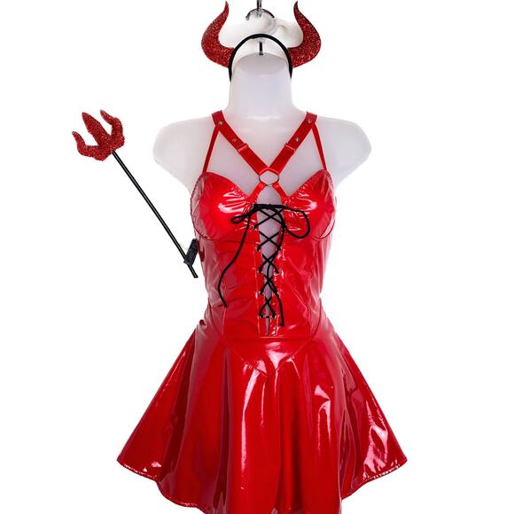 New‎ Medium Lace Up Corset Vegan Leather Latex Red Devil Halloween Costume Set - Picture 1 of 7